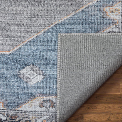 Cambria Machine Washable Vintage Medallion Oriental Light Blue Flat-Weave Distressed Rug LOT-156