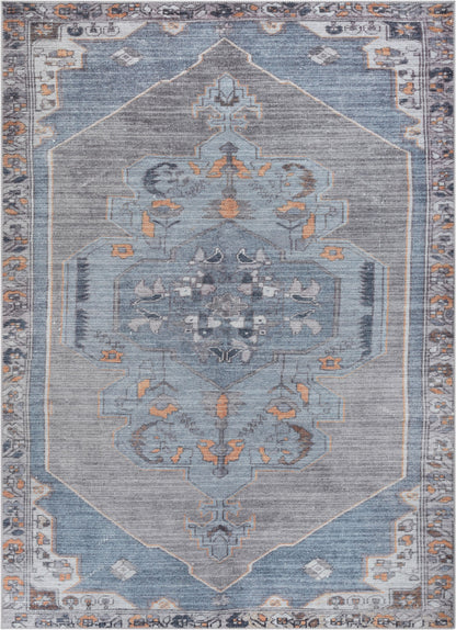 Cambria Machine Washable Vintage Medallion Oriental Light Blue Flat-Weave Distressed Rug LOT-156