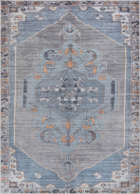 Cambria Machine Washable Vintage Medallion Oriental Light Blue Flat-Weave Distressed Rug LOT-156