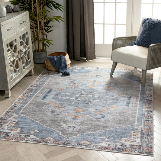 Cambria Machine Washable Vintage Medallion Oriental Light Blue Flat-Weave Distressed Rug LOT-156