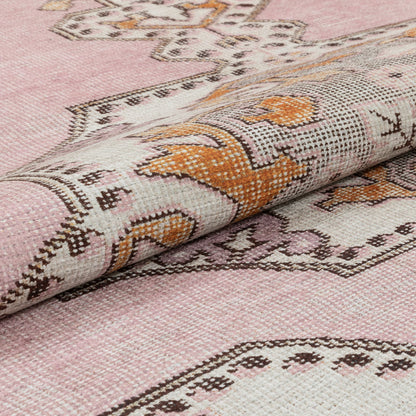 Cartago Machine Washable Vintage Medallion Persian Blush Flat-Weave Distressed Rug LOT-162