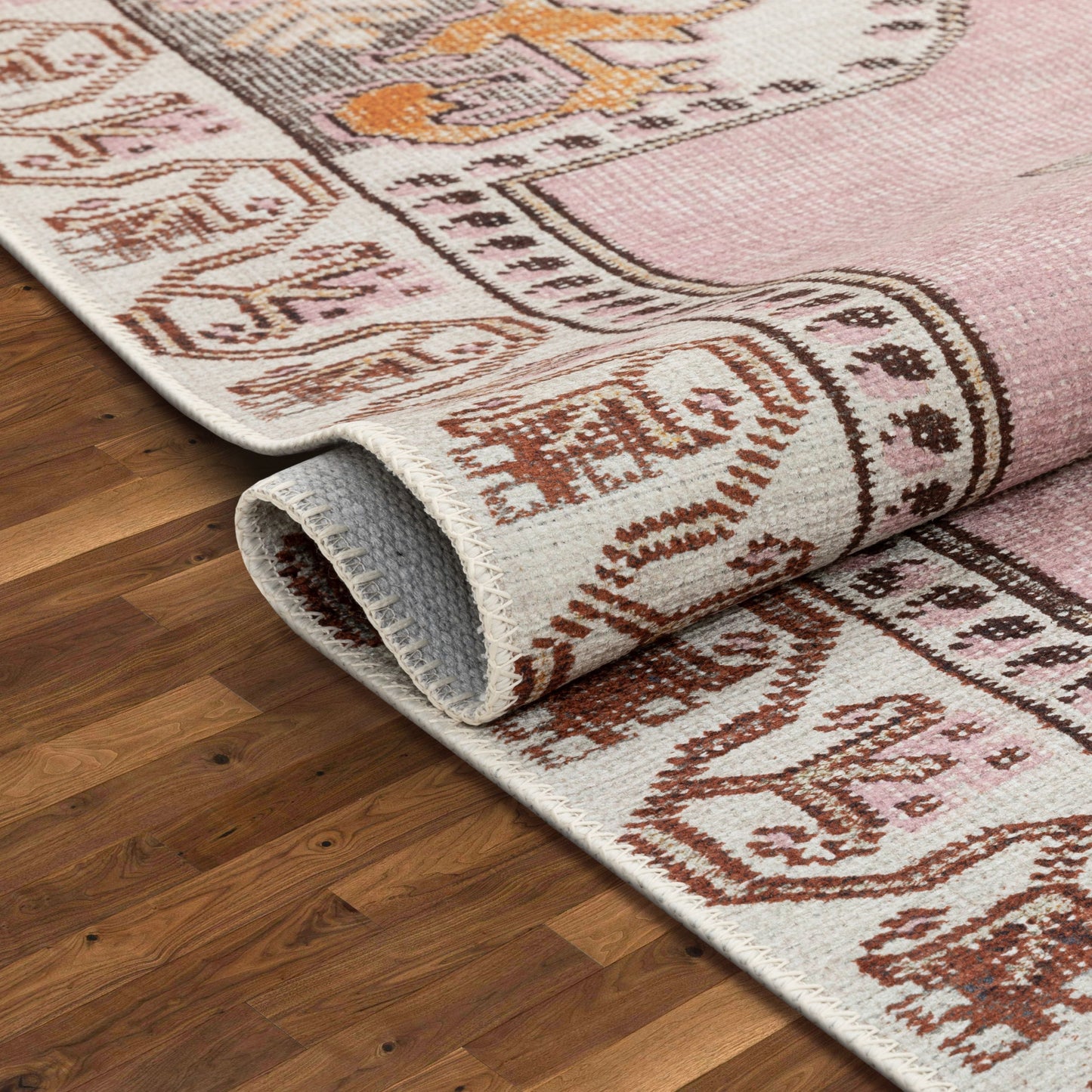 Cartago Machine Washable Vintage Medallion Persian Blush Flat-Weave Distressed Rug LOT-162