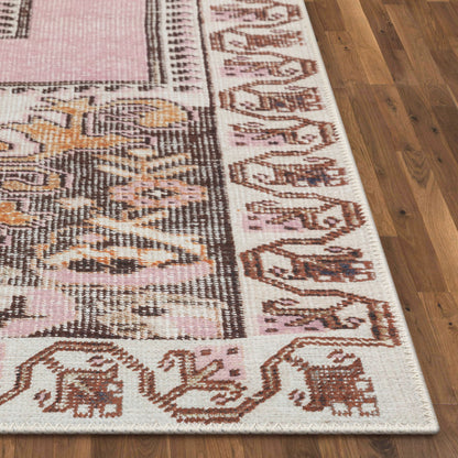 Cartago Machine Washable Vintage Medallion Persian Blush Flat-Weave Distressed Rug LOT-162
