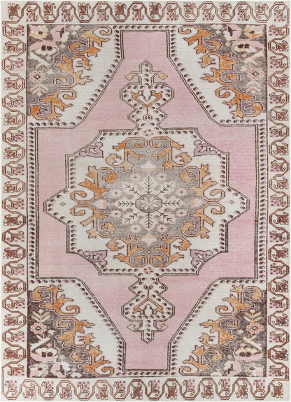 Cartago Machine Washable Vintage Medallion Persian Blush Flat-Weave Distressed Rug LOT-162
