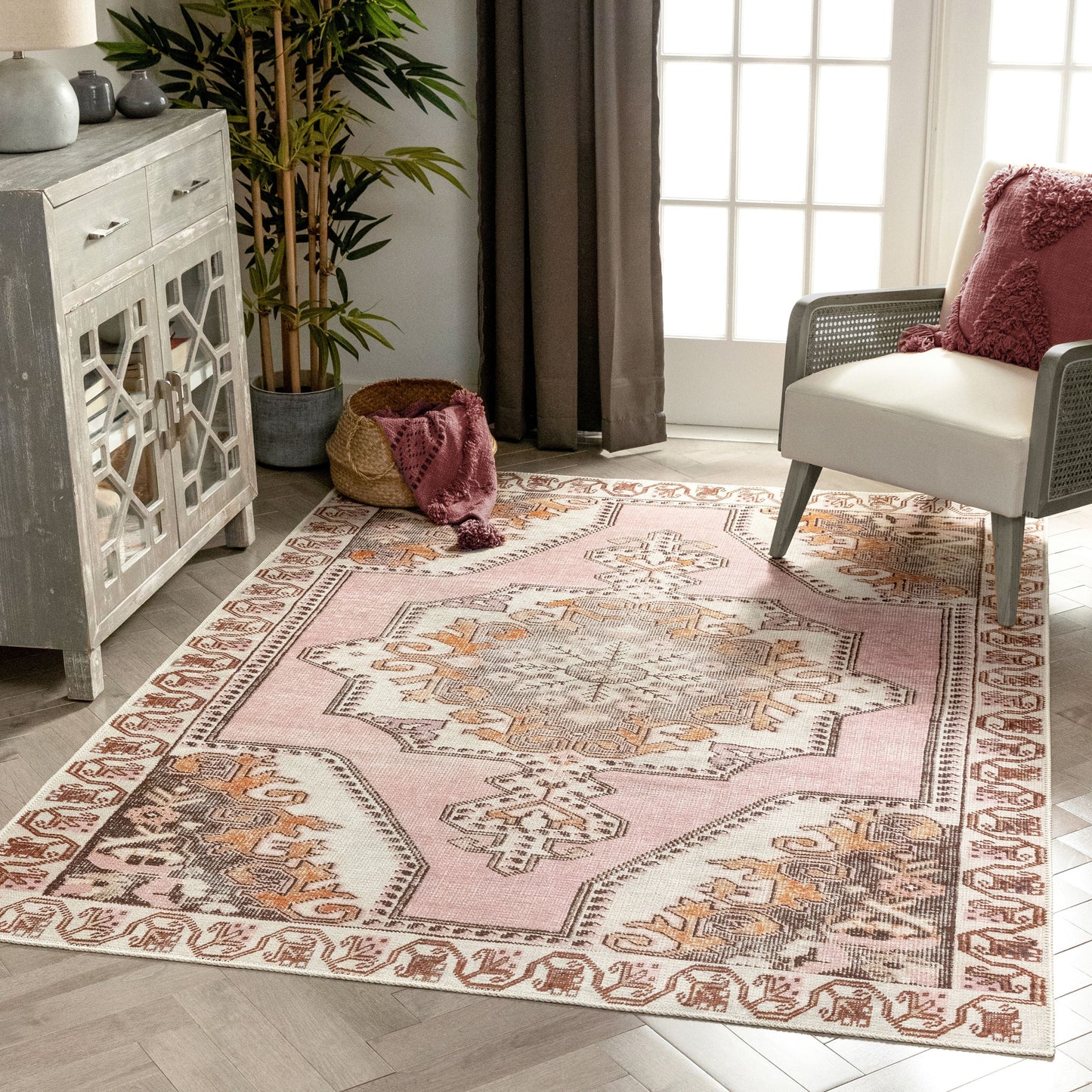 Cartago Machine Washable Vintage Medallion Persian Blush Flat-Weave Distressed Rug LOT-162