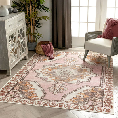 Cartago Machine Washable Vintage Medallion Persian Blush Flat-Weave Distressed Rug LOT-162