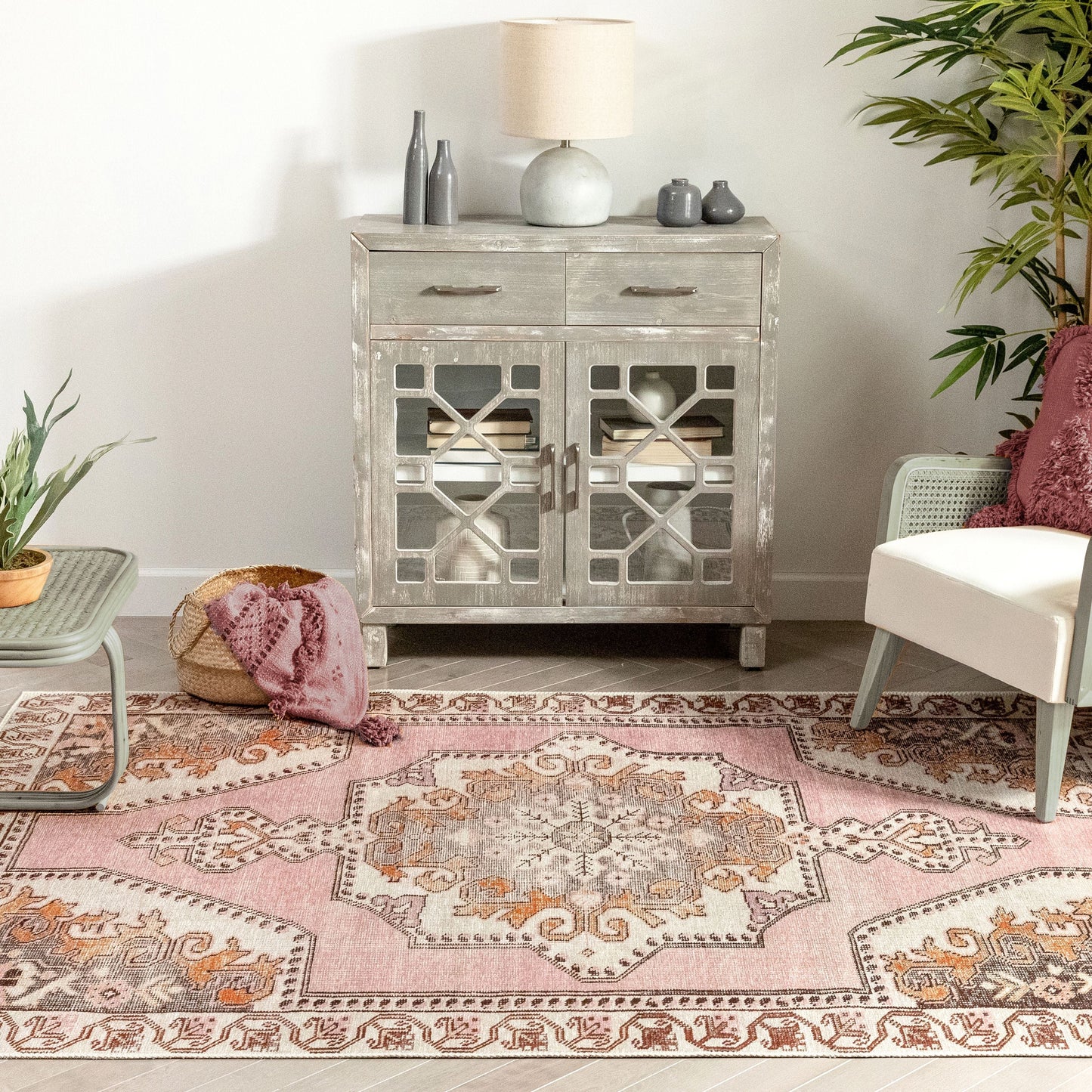Cartago Machine Washable Vintage Medallion Persian Blush Flat-Weave Distressed Rug LOT-162