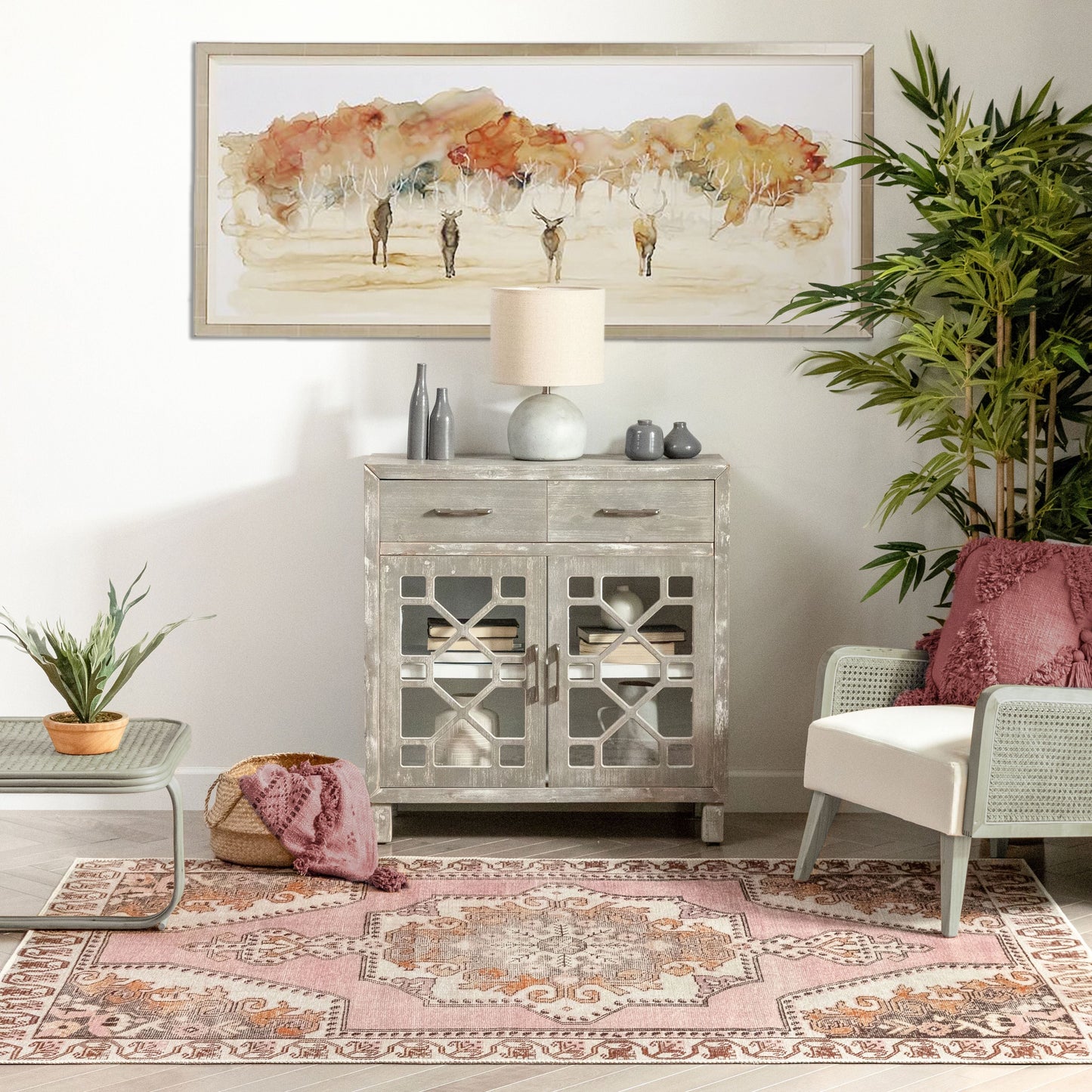 Cartago Machine Washable Vintage Medallion Persian Blush Flat-Weave Distressed Rug LOT-162