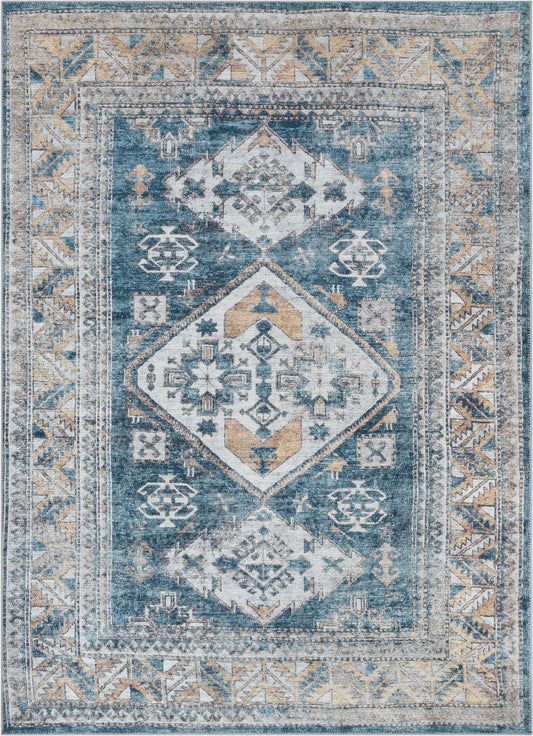 Habra Machine Washable Vintage Medallion Oriental Light Blue Flat-Weave Distressed Rug LOT-16