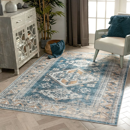 Habra Machine Washable Vintage Medallion Oriental Light Blue Flat-Weave Distressed Rug LOT-16