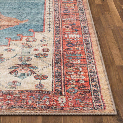 Towne Machine Washable Vintage Medallion Persian Terra Blue Flat-Weave Distressed Rug LOT-210