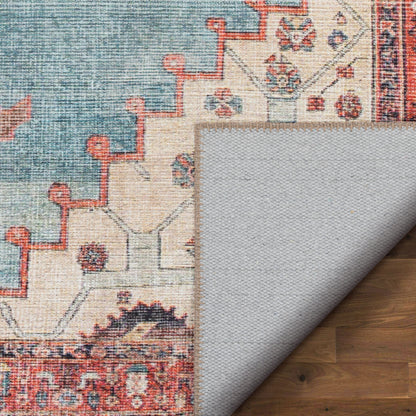 Towne Machine Washable Vintage Medallion Persian Terra Blue Flat-Weave Distressed Rug LOT-210