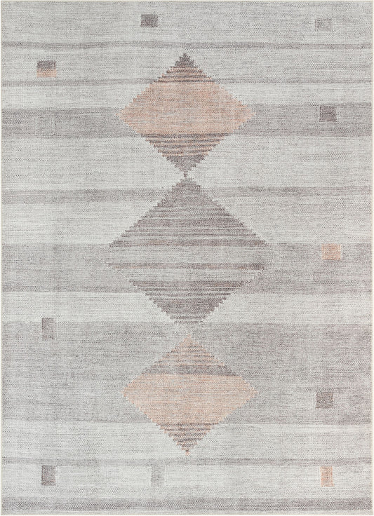 Argonne Machine Washable Vintage Southwestern Diamond Pattern Grey Flat-Weave Distressed Rug LOT-232