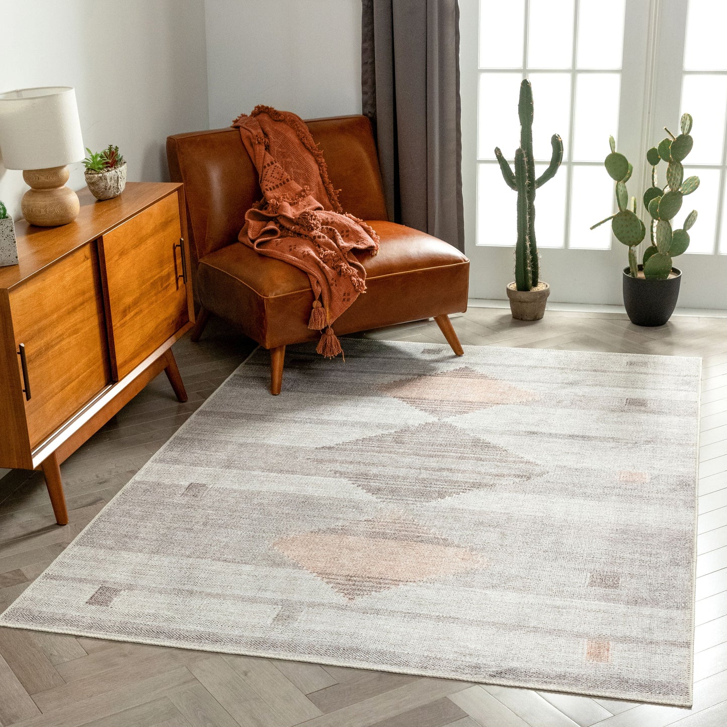 Argonne Machine Washable Vintage Southwestern Diamond Pattern Grey Flat-Weave Distressed Rug LOT-232