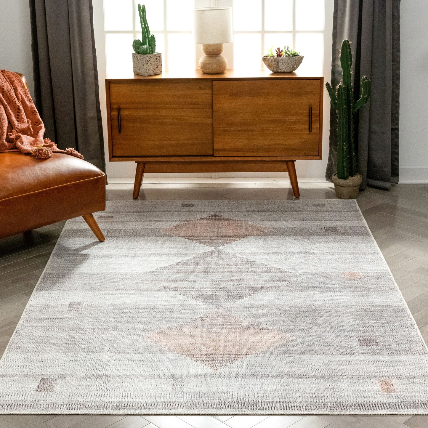 Argonne Machine Washable Vintage Southwestern Diamond Pattern Grey Flat-Weave Distressed Rug LOT-232