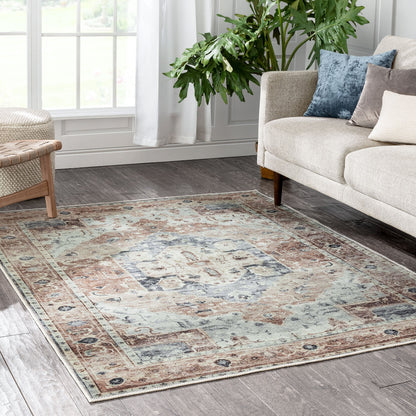Binita Machine Washable Vintage Medallion Oriental Ivory Rust Flat-Weave Rug LOT-242-