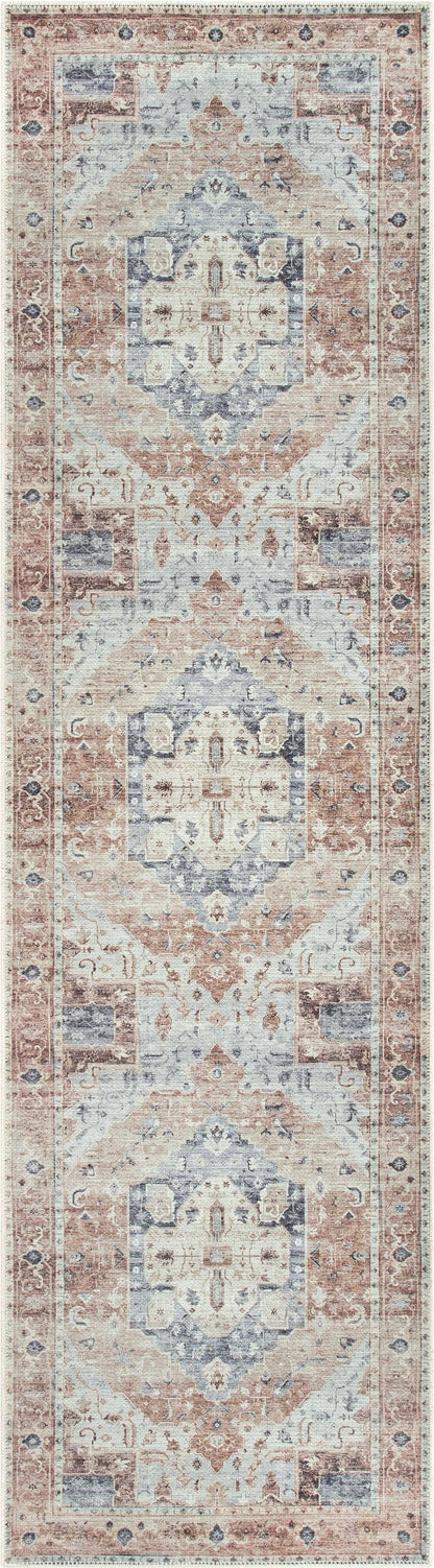 Binita Machine Washable Vintage Medallion Oriental Ivory Rust Flat-Weave Rug LOT-242-