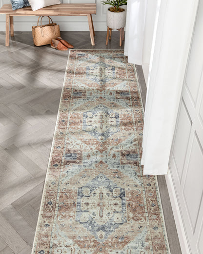 Binita Machine Washable Vintage Medallion Oriental Ivory Rust Flat-Weave Rug LOT-242-