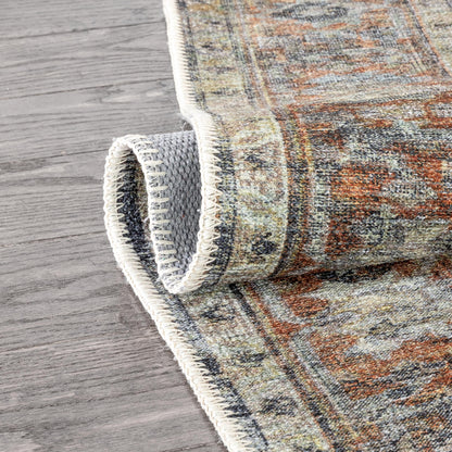 Binita Machine Washable Vintage Medallion Oriental Grey Ivory Flat-Weave Rug LOT-247-