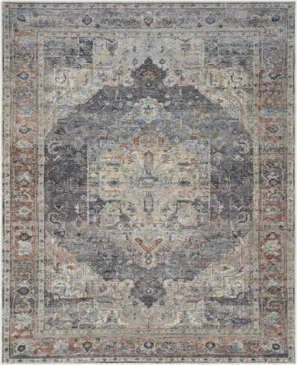 Binita Machine Washable Vintage Medallion Oriental Grey Ivory Flat-Weave Rug LOT-247-