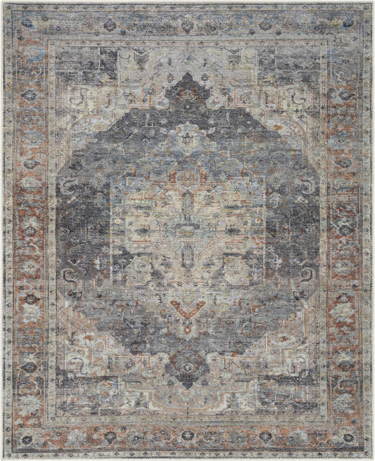 Binita Machine Washable Vintage Medallion Oriental Grey Ivory Flat-Weave Rug LOT-247-