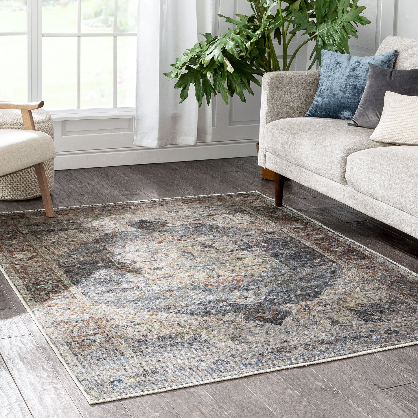 Binita Machine Washable Vintage Medallion Oriental Grey Ivory Flat-Weave Rug LOT-247-