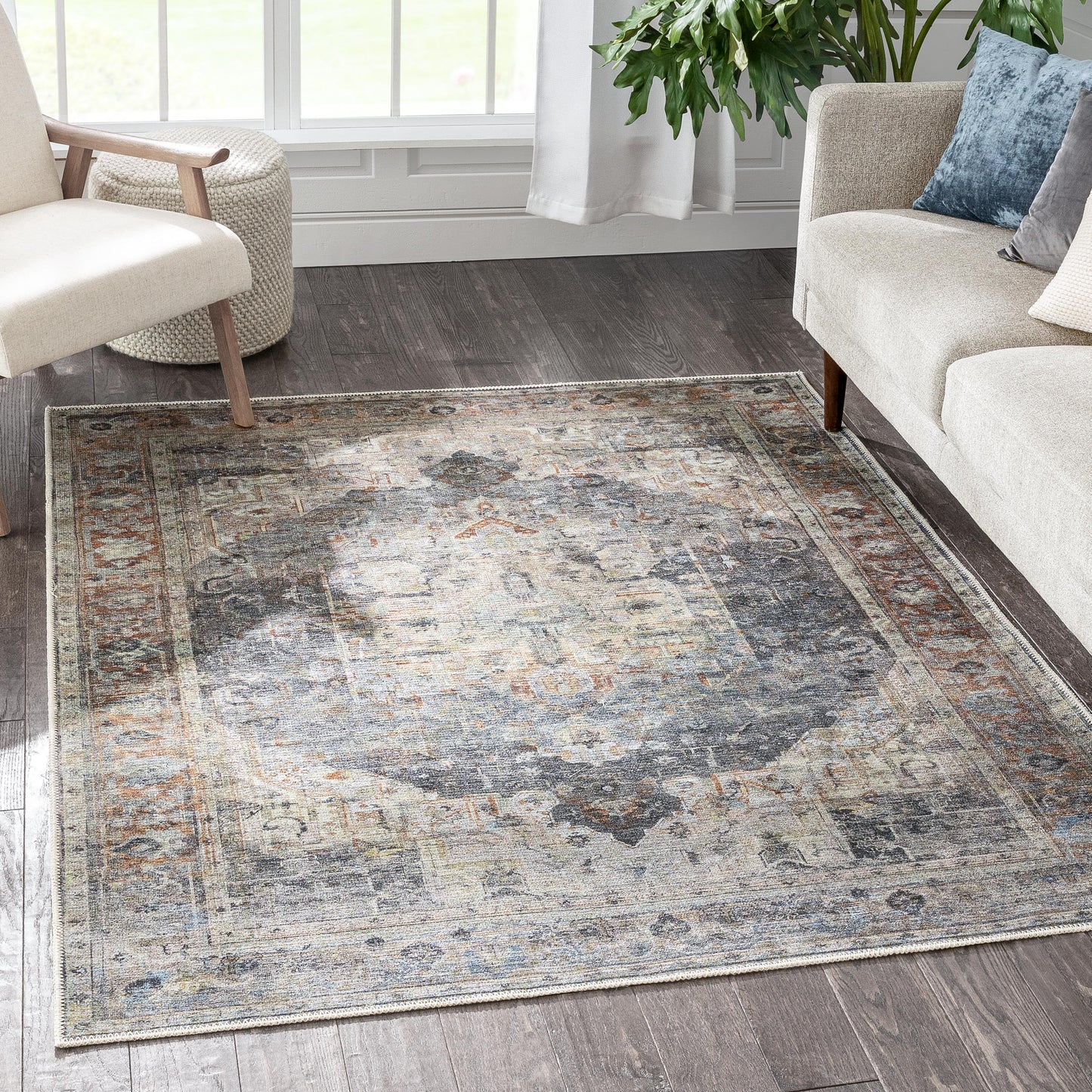 Binita Machine Washable Vintage Medallion Oriental Grey Ivory Flat-Weave Rug LOT-247-