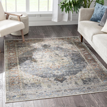 Binita Machine Washable Vintage Medallion Oriental Grey Ivory Flat-Weave Rug LOT-247-