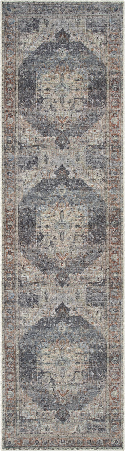 Binita Machine Washable Vintage Medallion Oriental Grey Ivory Flat-Weave Rug LOT-247-