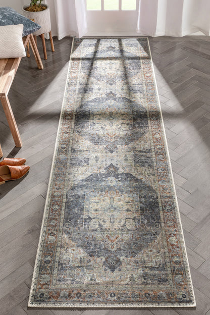 Binita Machine Washable Vintage Medallion Oriental Grey Ivory Flat-Weave Rug LOT-247-