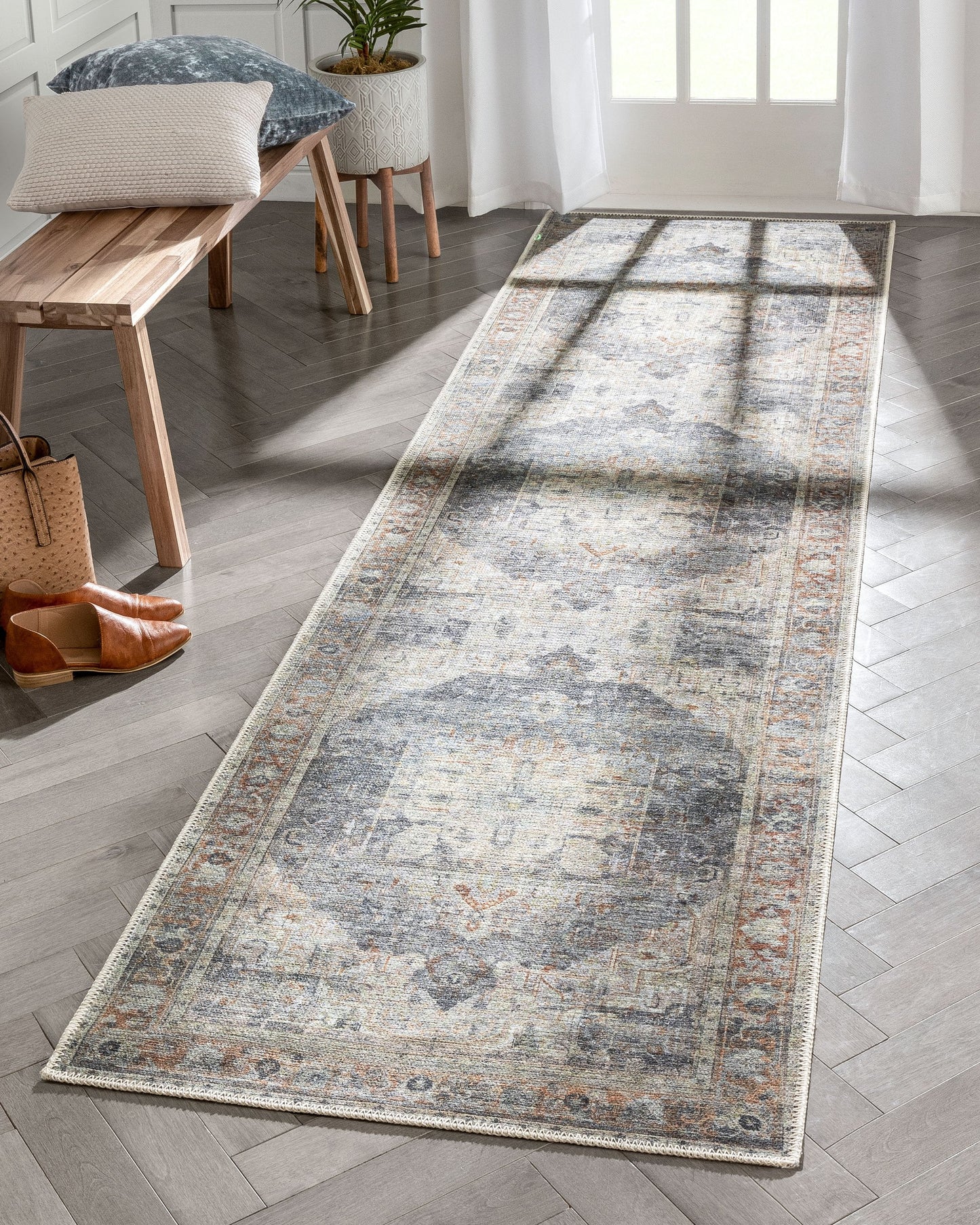 Binita Machine Washable Vintage Medallion Oriental Grey Ivory Flat-Weave Rug LOT-247-