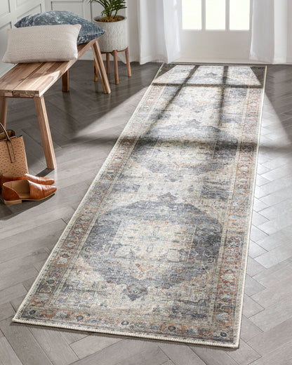 Binita Machine Washable Vintage Medallion Oriental Grey Ivory Flat-Weave Rug LOT-247-