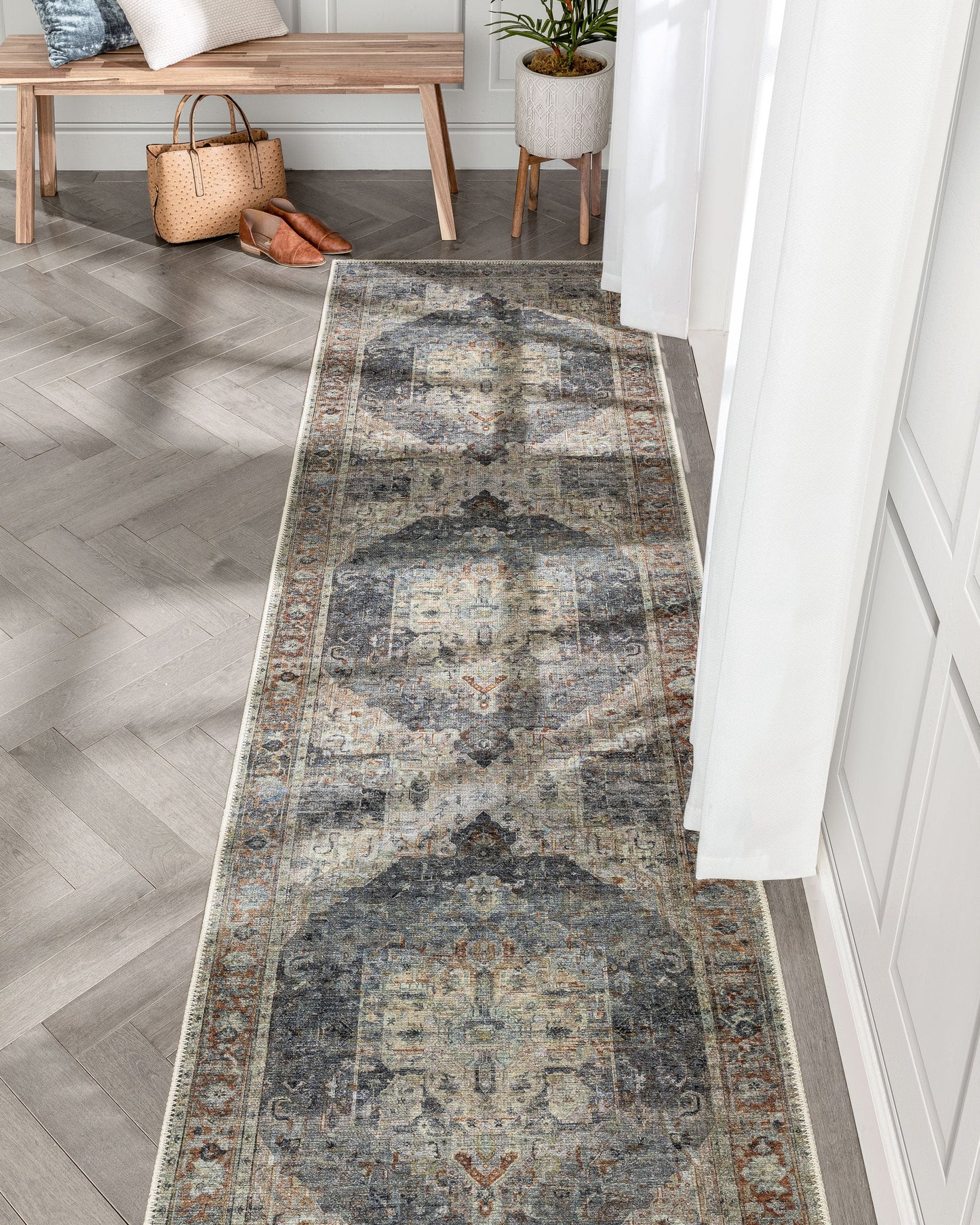 Binita Machine Washable Vintage Medallion Oriental Grey Ivory Flat-Weave Rug LOT-247-