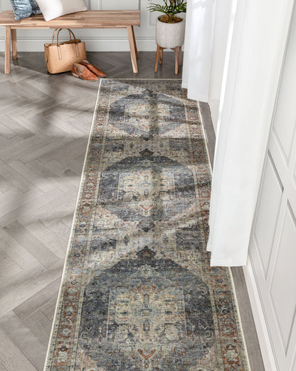 Binita Machine Washable Vintage Medallion Oriental Grey Ivory Flat-Weave Rug LOT-247-