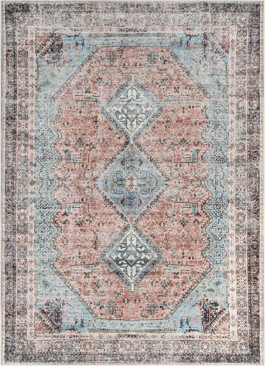 Menda Machine Washable Vintage Bohemian Meallion Oriental Light Blue Flat-Weave Distressed Rug LOT-36