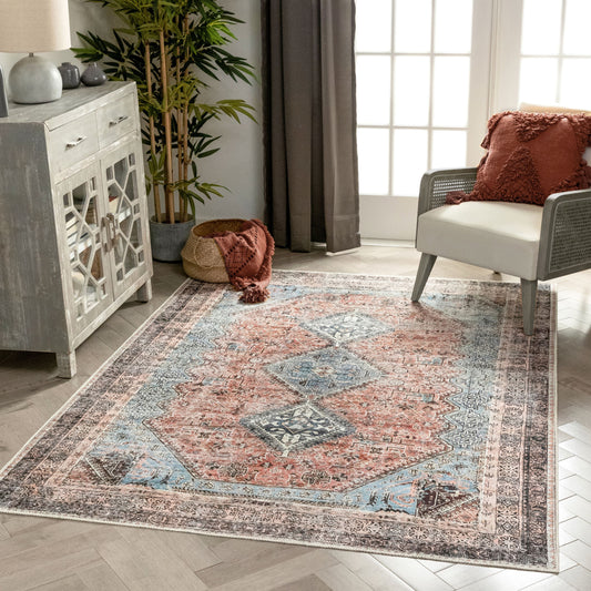 Menda Machine Washable Vintage Bohemian Meallion Oriental Light Blue Flat-Weave Distressed Rug LOT-36