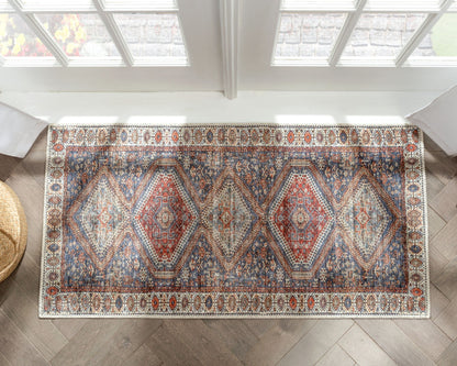 Ripon Machine Washable Vintage Medallion Botanical Border Blue Red Flat-Weave Distressed Rug LOT-50