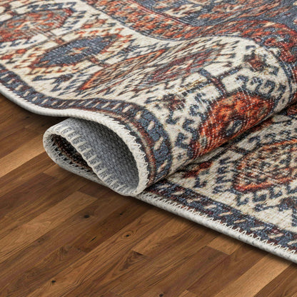 Ripon Machine Washable Vintage Medallion Botanical Border Blue Red Flat-Weave Distressed Rug LOT-50