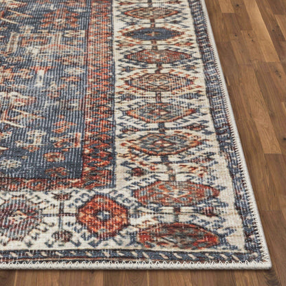 Ripon Machine Washable Vintage Medallion Botanical Border Blue Red Flat-Weave Distressed Rug LOT-50