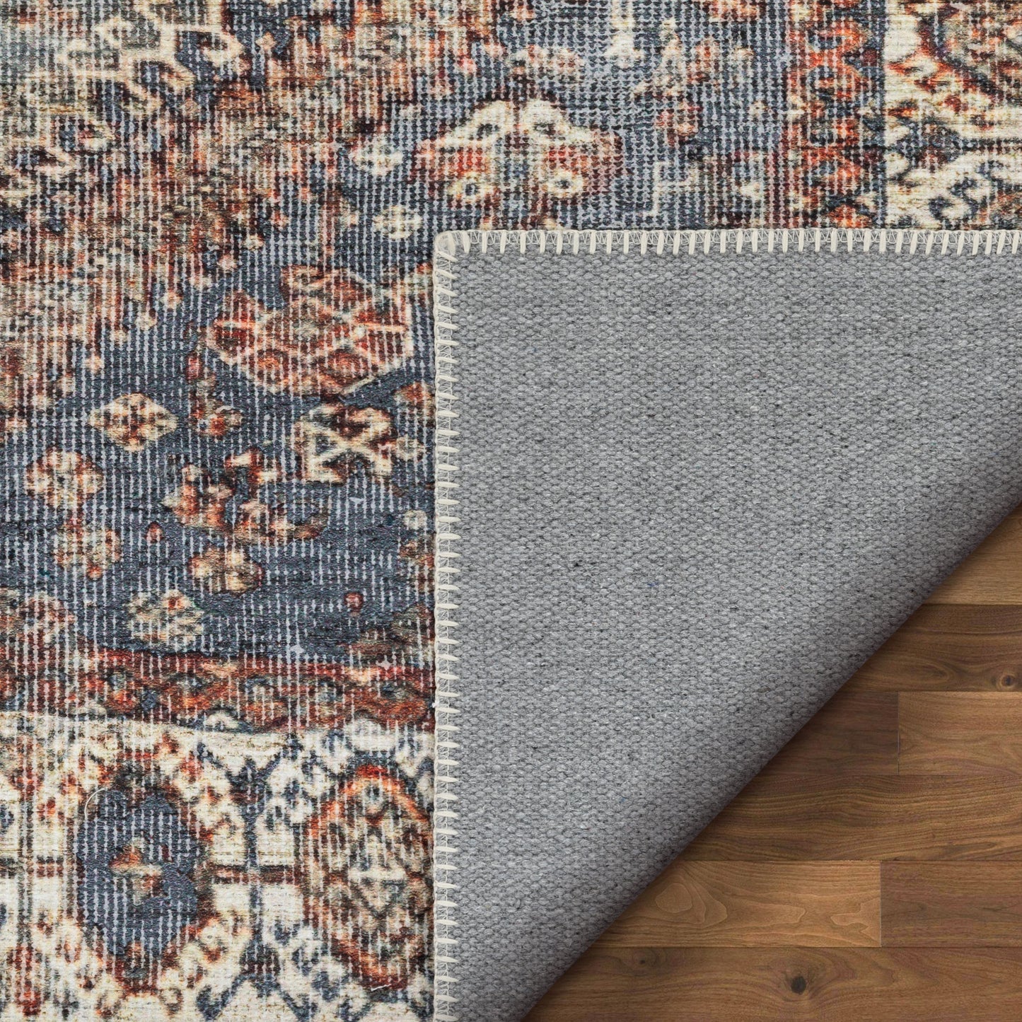 Ripon Machine Washable Vintage Medallion Botanical Border Blue Red Flat-Weave Distressed Rug LOT-50