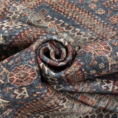 Ripon Machine Washable Vintage Medallion Botanical Border Blue Red Flat-Weave Distressed Rug LOT-50