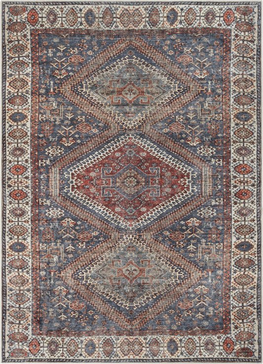 Ripon Machine Washable Vintage Medallion Botanical Border Blue Red Flat-Weave Distressed Rug LOT-50