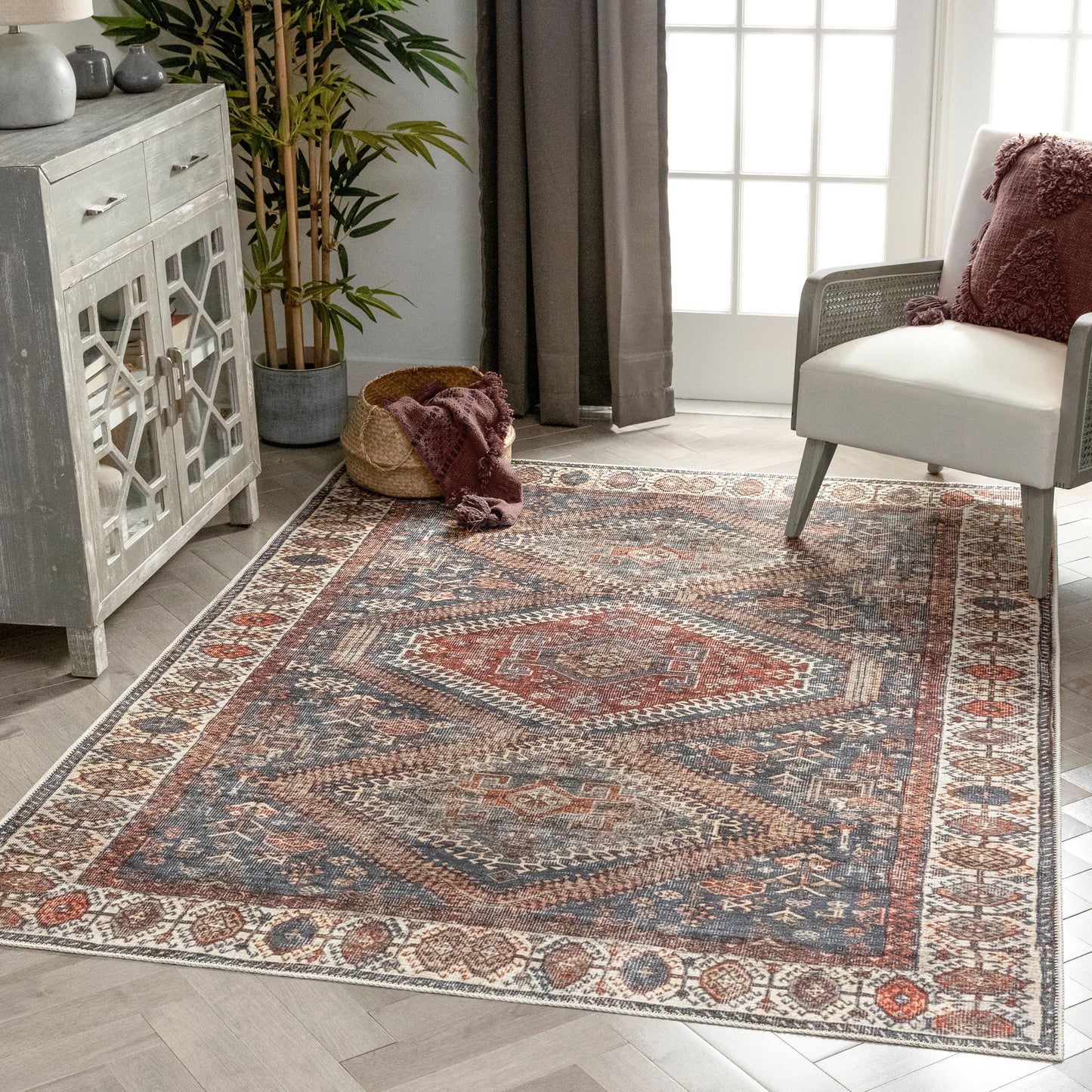 Ripon Machine Washable Vintage Medallion Botanical Border Blue Red Flat-Weave Distressed Rug LOT-50