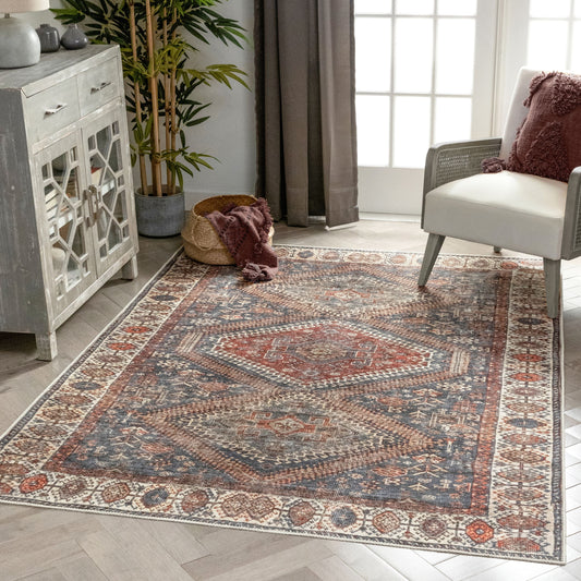 Ripon Machine Washable Vintage Medallion Botanical Border Blue Red Flat-Weave Distressed Rug LOT-50