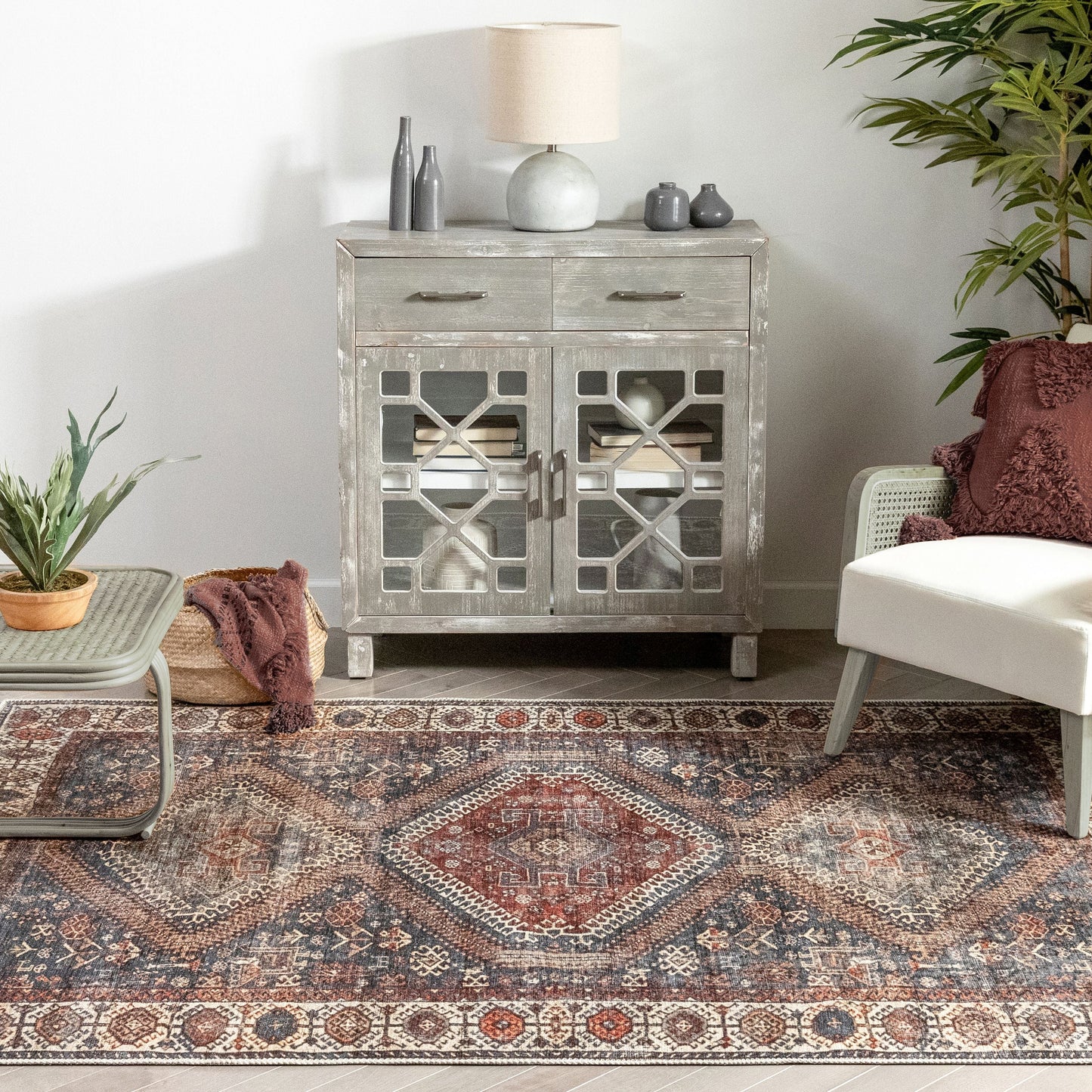Ripon Machine Washable Vintage Medallion Botanical Border Blue Red Flat-Weave Distressed Rug LOT-50