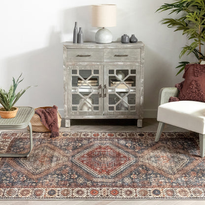 Ripon Machine Washable Vintage Medallion Botanical Border Blue Red Flat-Weave Distressed Rug LOT-50