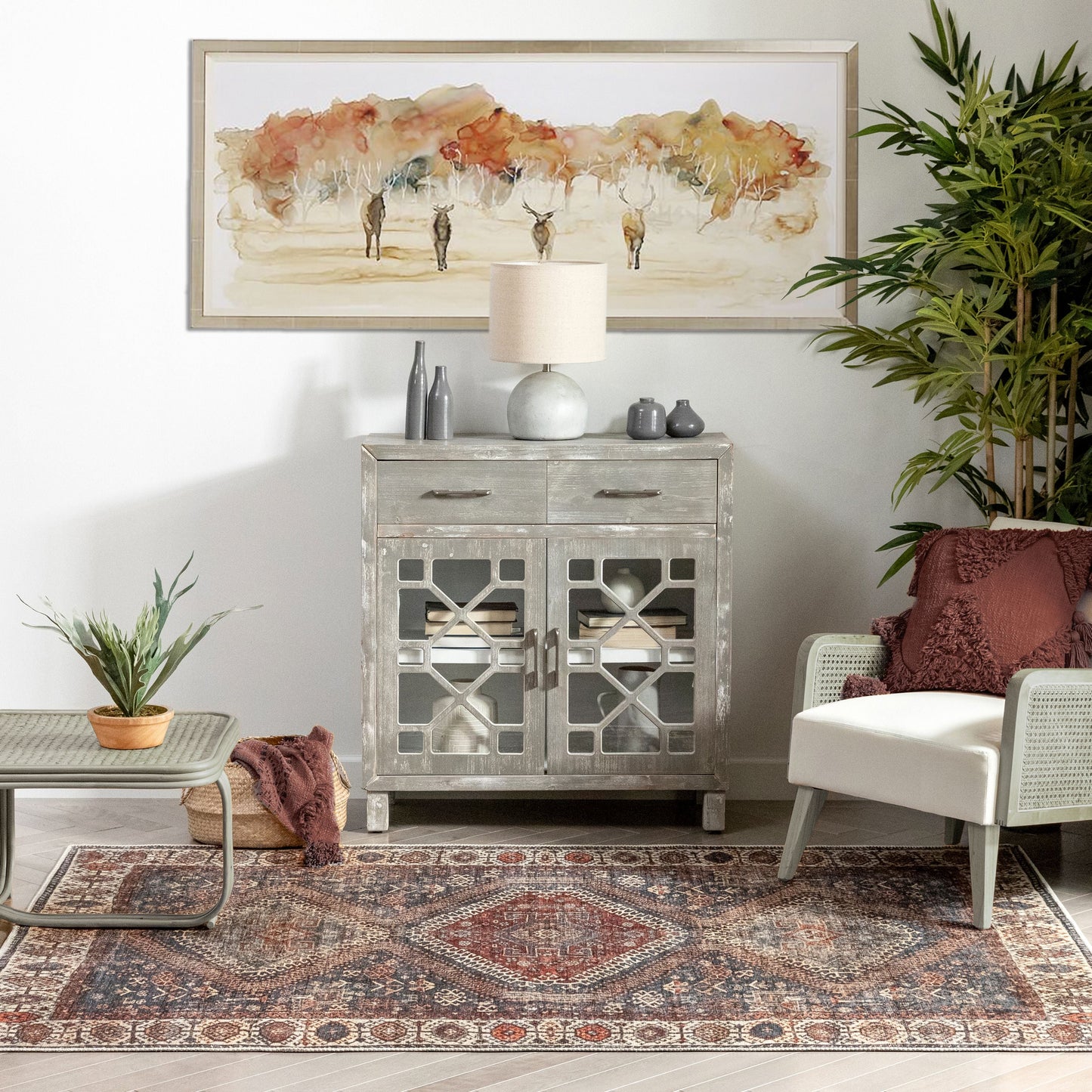 Ripon Machine Washable Vintage Medallion Botanical Border Blue Red Flat-Weave Distressed Rug LOT-50