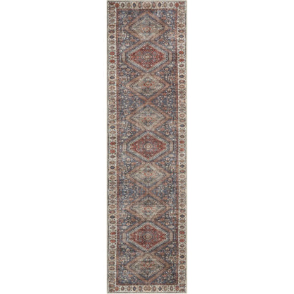 Ripon Machine Washable Vintage Medallion Botanical Border Blue Red Flat-Weave Distressed Rug LOT-50