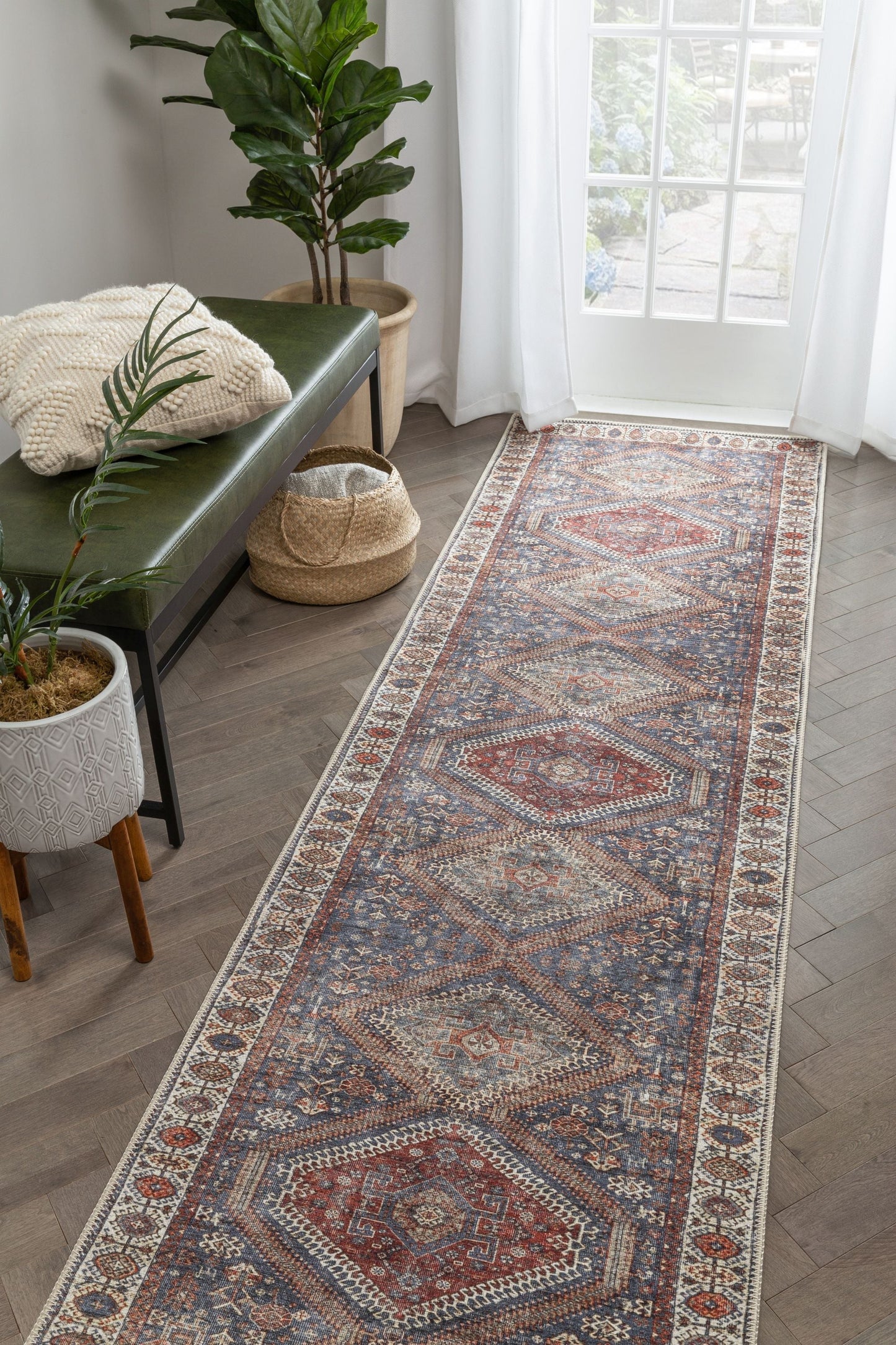Ripon Machine Washable Vintage Medallion Botanical Border Blue Red Flat-Weave Distressed Rug LOT-50