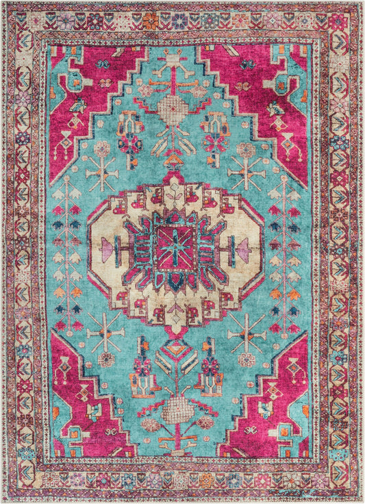 Shasta Machine Washable Vintage Bohemian Medallion Persian Blush Turquoise Flat-Weave Distressed Rug LOT-79